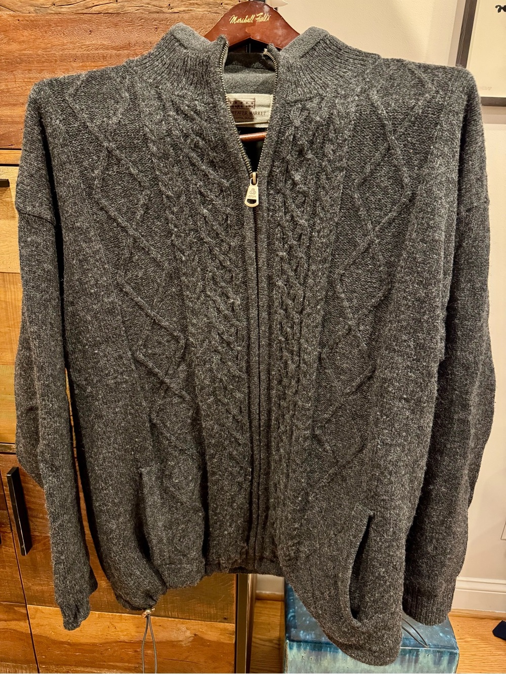 Men's Aran Sweater - Dark Gray Zip-Up Cable Knit Sweater Cardigan size XL